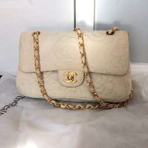 Vintage White Floral Canvas fabric Chanel flap